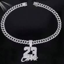1pc Miami Men's Cuban Link Number 23 Pendant Necklace, Hip Hop Fashion Rhinestone Jewelry, Stainless Steel Accessory