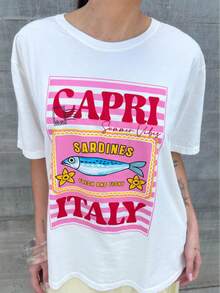 Camiseta Feminina Gola Redonda Estampa Verão CAPRI ITALY Blusa em Algodão Premium