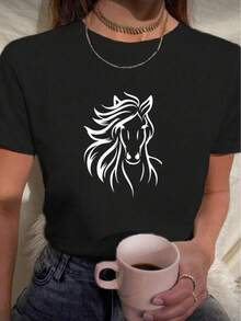 Camiseta Feminina babylook t shirt CAVALO 100% Algodão - Preto - Visão 2