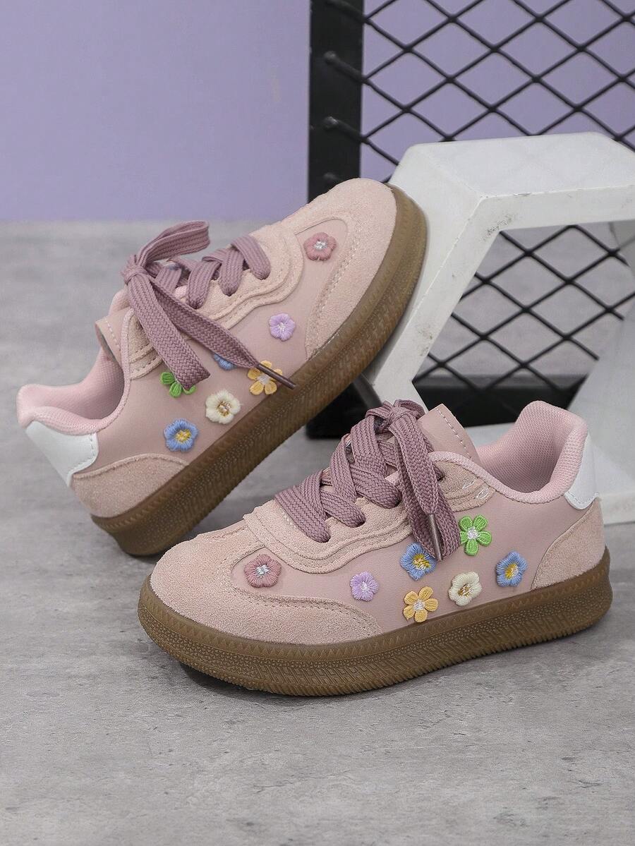 1 Pair Girls Floral PU Hook And Loop Design Classic European Style Casual Sneakers, Suitable For All Seasons - Pink - View 1
