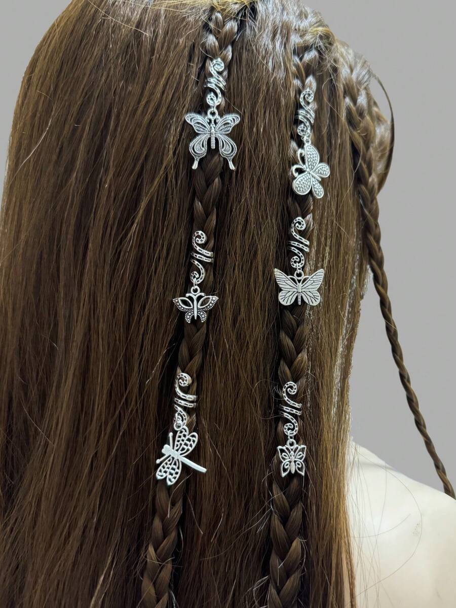 6 pezzi Accessori per trecce africane da donna, fermagli per capelli con pendente a farfalla in lega