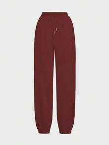 2pcs Casual Solid Color Co-Ord Sets For Women, Autumn Drawstring Tracksuit, Comfortable Sporty Homewear, Fitted Cute & Sweet Daily Wear - Burgundy - View 7
