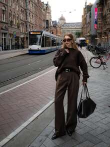 SMILE CHIC 复古风高腰棕色女式长裤，宽松显瘦，适合工作通勤和日常穿着，秋冬季款 - 棕 - 查看 5