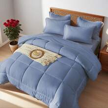 5/7pcs Simple And Stylish Embossed Bed Comforter Set, 100% Microfiber Soft Breathable Summer Bedding Set, Comfortable And Durable, Include 1 Comforter+1 Flat Sheet+1 Fitted Sheet+1/2 Pillowcases+1/2 Pillowshams,All-Season, Bed In A Bag, Room Decor, Best Gift - Blue-BZ01 - 查看 5