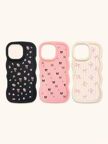Black White Pink Bowknot Fashion Phone Cases 3pcs Dopamine Themed Wavy Edge Bowknot Pattern Phone Cases Compatible With IPhone & Galaxy Phones Spring Gift - Multicolor - View 44