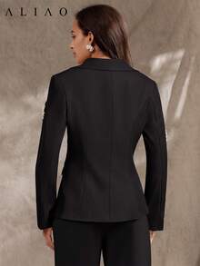 Aliao 仿梨形水钻收腰口袋西装外套，纯色，春季，返校季，外出上衣，派对活动，复古富贵风，宫廷风，情人节，派对黑色 - 黑色 - 查看 4