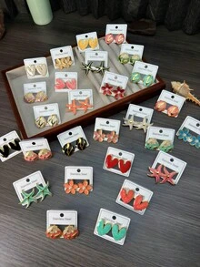 2pcs/9pcs/16pcs/24pcs Stainless Steel Earring Sets, Graduation/Back To School/Teacher's Day Gifts, Apple, Math Symbols, Love, Half-Circle Rainbow Leopard Print, For Teachers And Students, Women - Multicolor - View 4