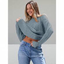 2025  Women's Oversized Cable Knit Crewneck Sweaters - 霧霾藍 - 查看 4