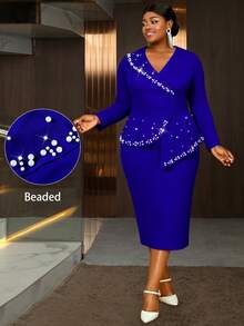 AOMEI Elegant Plus Size Cocktail Dress With V Neck Long Sleeves And Pearl Asymmetrical Ruffle Midi Design For Women Classy Evening Wear - 藍色 - 查看 4