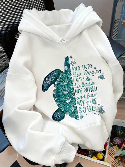 sweat-shirt à capuche ample pour femmes avec slogan et imprimé tortue, doublé thermique, décontracté pour l'automne/l'hiver