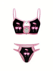 2 件套心形、樱桃、火焰印花女士吊带背心和丁字裤内衣套装，Y2K 风格 - 彩色 - 查看 1