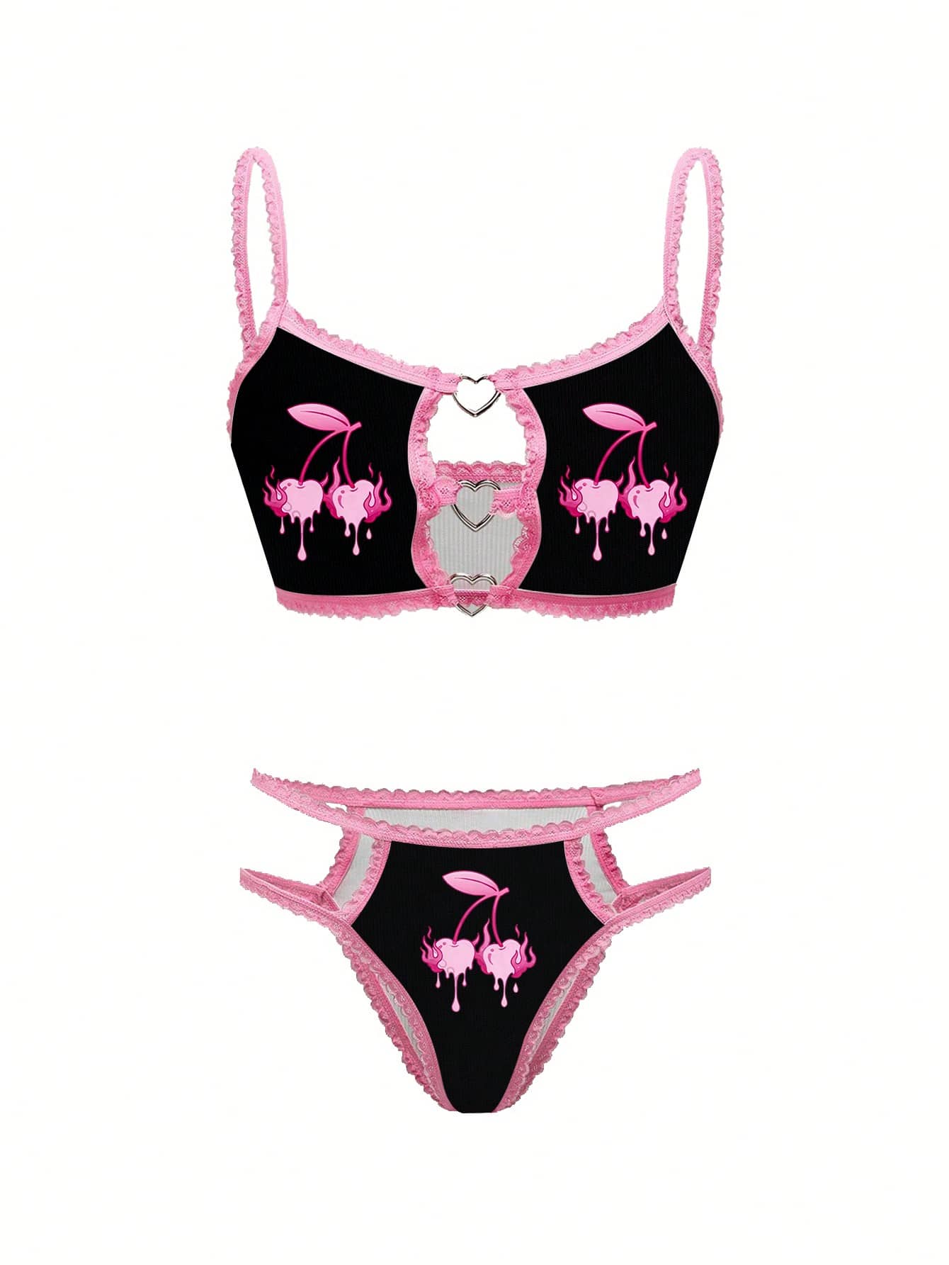 2 件套心形、樱桃、火焰印花女士吊带背心和丁字裤内衣套装，Y2K 风格 - 彩色 - 查看 1