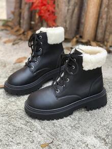 Botas de Cano Curto Femininas com Cadarço, Sola Grossa, Forro Quente, Botas da Moda para Outono/Inverno