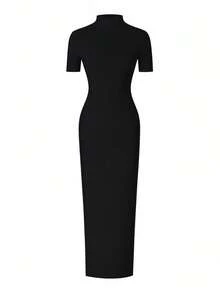 EARO 女式长开叉紧身连衣裙，高端优雅时尚休闲百搭分层连衣裙，紧身褶饰长袖高领针织弹力迷你连衣裙 - 黑色 - 查看 3