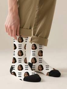 1PC Unisex Custom Portrait And Text Pattern White And Black Comfortable Casual Socks, Suitable For Daily Wear, Available In Multiple Colors, An Excellent Gift For Friends On Birthdays And Holidays