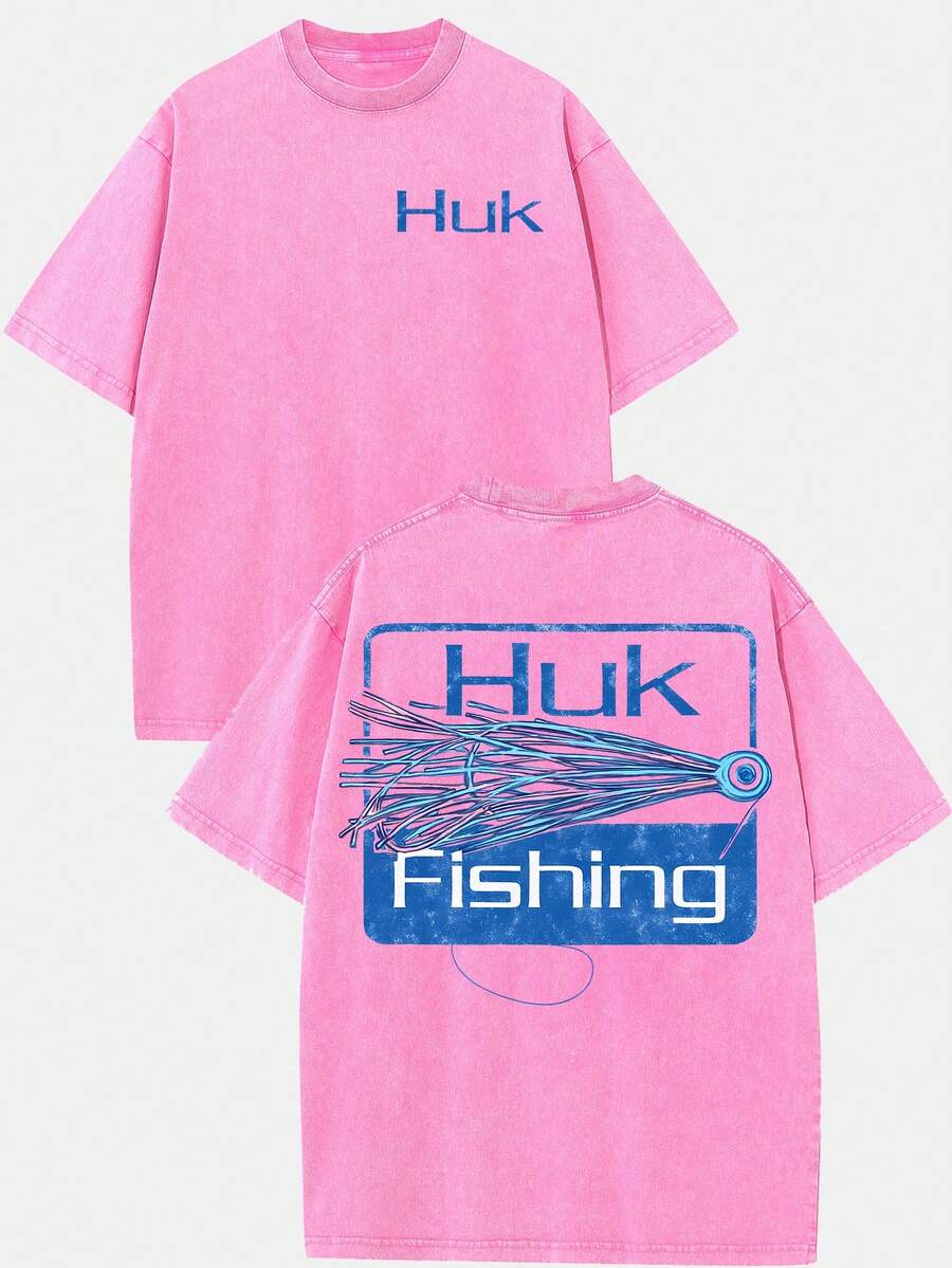 (230g T-Shirt)Men's Distressed Cotton Retro HUK Fishing Colorful Lure Graphic Tee, Loose Casual Crewneck Short Sleeve T-Shirt, Vintage Fishing Gear Style Top - Pink - View 1