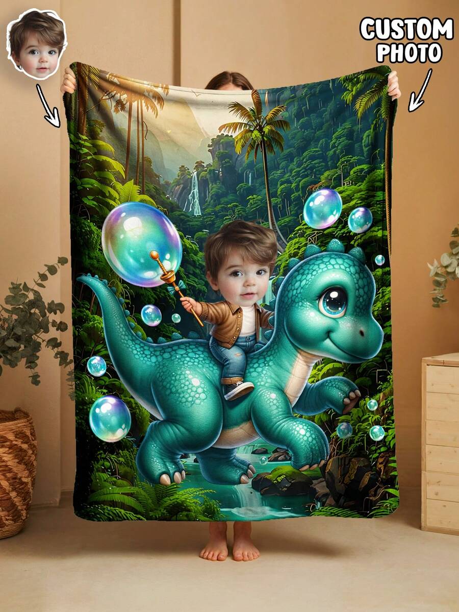 1pc Customizable Photo Blanket, Family Blanket, Photo Blanket, Dinosaur Pattern, Memorial Blanket, Suitable As A Gift For Girls, Boys, Adults, Valentine's Day, Lightweight, Baby Blanket, Personalized Fleece Blanket, Personalized Photo Blanket, Personalized Throw Blanket