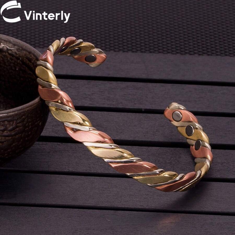 Vinterly 女士扭纹纯铜手链,磁性玫瑰金,健康能量,可调节开口手镯 - 扭曲 - 查看 1