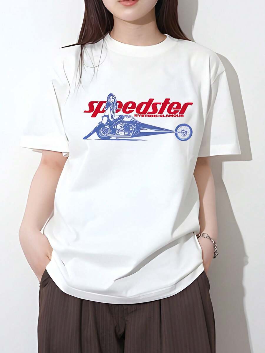 Hysteri Glamour Women's Speedste Chibi T-Shirt In White - Print, Unisex Casual T-Shirt, Soft Fabric, Breathable, Comfortable, Short Sleeve Retro High-Quality Cotton Women's T-Shirt, Popular And Best Seller - 白色 - 查看 1