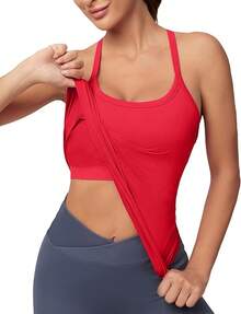 Workout Tops Women With Built In Bra, Sleeveless Gym Tops Seamless Racerback Athletic Yoga Shirts, Activewear - 真紅 - 查看 11