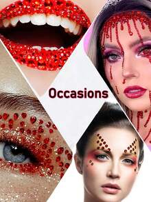 2片红色闪亮脸部水钻贴纸，锐舞派对妆容水钻贴纸，Y2K风格音乐节DIY眼部及面部装饰，情人节礼物 - 紅色 - 查看 4