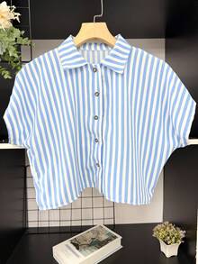 ELLIE Casual Striped Print Loose And Cropped Shirt - 藍色粗條紋 - 查看 1