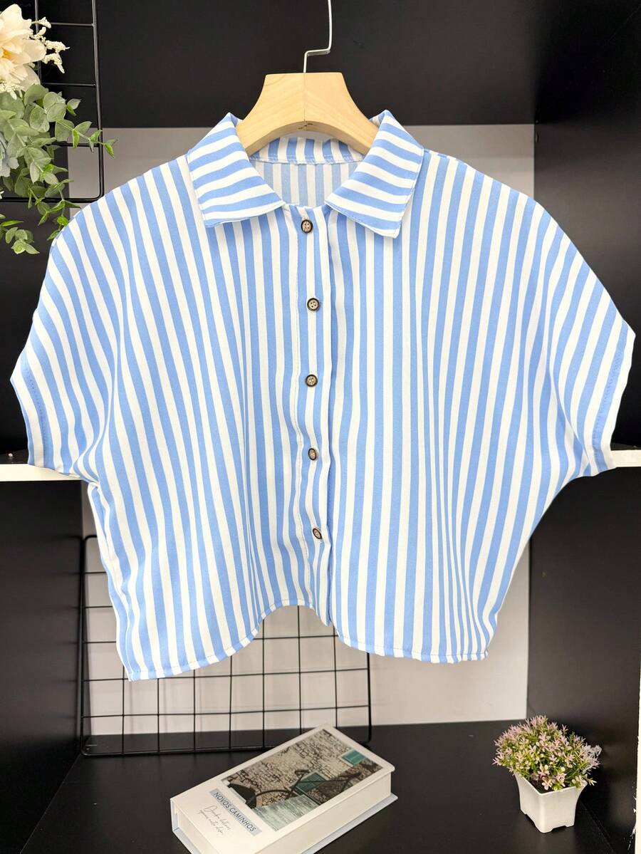 ELLIE Casual Striped Print Loose And Cropped Shirt - 藍色粗條紋 - 查看 1