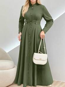 大码女士优雅长袖连衣裙，时尚纯色纽扣设计，适合通勤、商务、节日、秋冬春季穿着。 - 軍綠色 - 查看 3