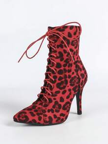 Women's Fashion Pointed Toe High Heel Boots, Slim High Heel Mid-Calf Boots With Side Zipper, Lace-Up Boots In Leopard Velvet With Super Soft Lining, 1 Solid Color Elegant Lace-Up Ankle Boots And Mid-Calf Boots For Wedding Party Outdoor Autumn/Winter - Leopard Red - View 9
