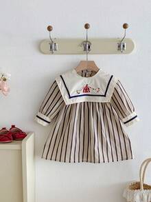 女童韩版海军领条纹长袖连衣裙，秋季 - 卡其色 - 查看 2
