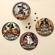 4/6pcs Halloween Pumpkin & Ghoul Round Coasters, Ghost & Witch Design, Holiday Table Decor Heat Insulation Pads, Halloween Decorations, Suitable For Home And Party