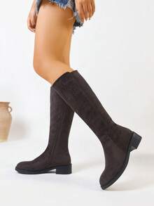 2025 Botas Femininas de Cano Longo com Salto Tratorado e Bico Redondo, Última de Outono/Inverno, Com Zíper Lateral, Casual, Confortável, Sexy, Versátil, Elegante, Cor Sólida, Camurça, Haste Reta, Adequadas para Festa, Dança, Festival de Música, Viagem ao Ar Livre, Transporte