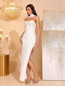 Elegant Beaded Decor Strapless High Slit Bridesmaid Dress, Bandage Party Gown - White - View 6