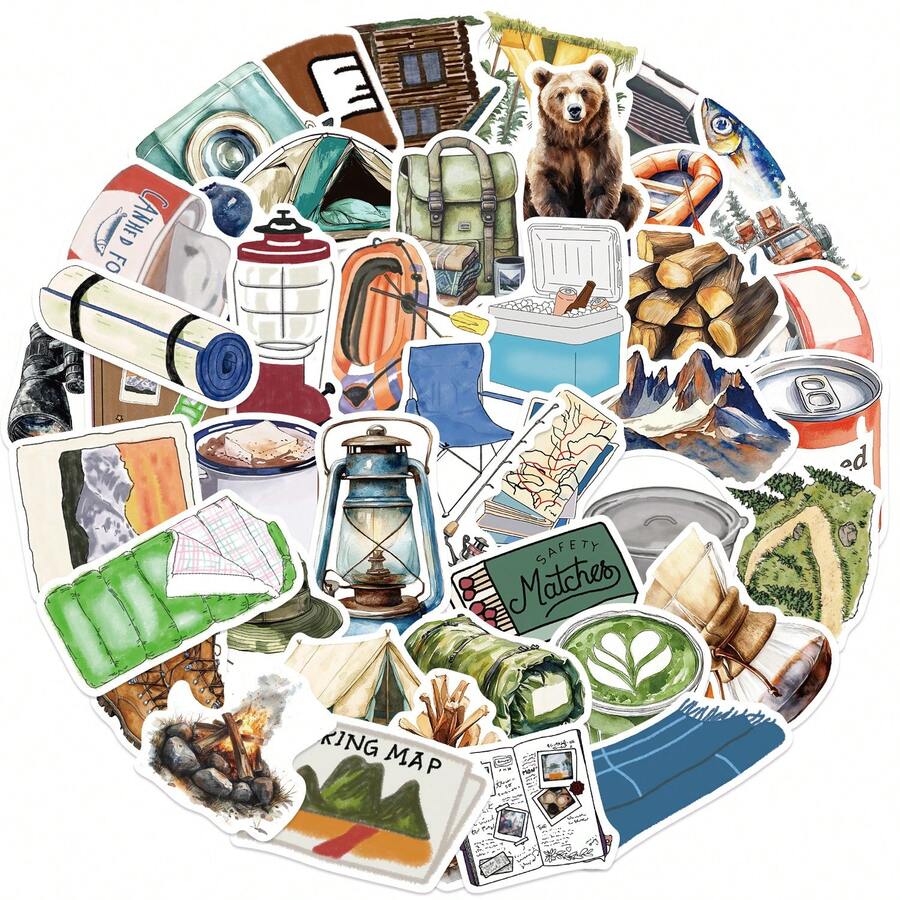 50pcs Watercolor Sticker Set, Cute Camping Stickers, Fun Outdoor Stickers, Waterproof Vinyl Stickers For Water Bottles, Laptops, Notebooks, Phones, Luggage, Journals, Fridges, Etc.