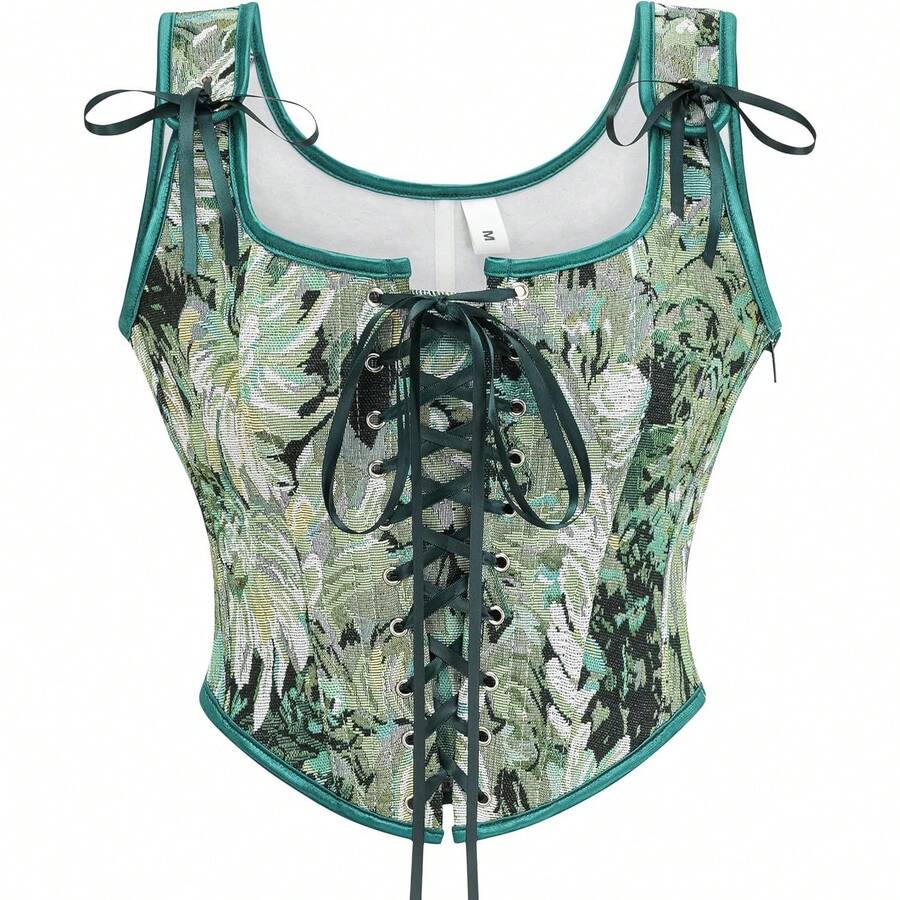 Women's Waist Cincher Bustier Boned Corset With  Design In 2025 - Green Chrysanthemum - View 1
