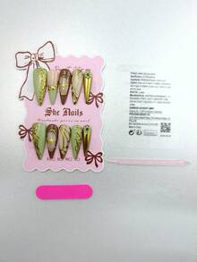 Cute Barquore Nail Art 10pcs Glossy Eye-Catching Luxurious Gold Armor French Middle Eastern And Western Gothic Palace Style Long Square Shaped Press On Nails . Bright Green Nail Face, 3D Hand Drawn Relief Craftsmanship, 3D Small Gold Beads Decoration, Unique Style, Eye-Catching Colors Suitable For Parties Women And Girls Wear With Free Gel Nail Kit. - Multicolor - View 8