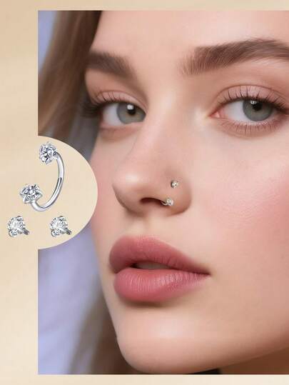 Bộ 3 món trang sức đính đá Cubic Zirconia hình trái tim và móng ngựa sang trọng, khuyên mũi ren trong, khuyên tai tròn, khuyên môi, khuyên lông mày, khuyên sụn tai, khuyên vách ngăn mũi, phụ kiện hàng ngày dành cho cả nam và nữ.