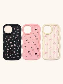 Black White Pink Bowknot Fashion Phone Cases 3pcs Dopamine Themed Wavy Edge Bowknot Pattern Phone Cases Compatible With IPhone & Galaxy Phones Spring Gift - Multicolor - View 30
