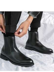 男士黑色切尔西靴，英伦复古靴，男士时尚西部牛仔PU皮靴，适合户外穿着 - 黑色 - 查看 4