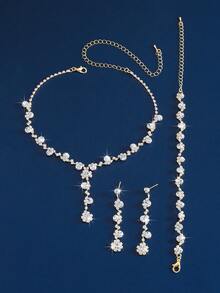 3 件/套时尚水钻项链、耳环、手链，适合日常或婚礼浪漫场合等。