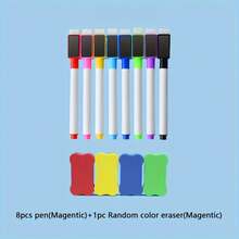 8pcs Scratch-Free Whiteboard Pen Set - Various Colors, Easy To Clean Magnetic Dry Eraser Pen, W1pc1pcs Blackboard Shaving, Suitable For Office, White Dry Eraser Pen, Wet Eraser Pen, Whiteboard Marking, Demonstration Supplies