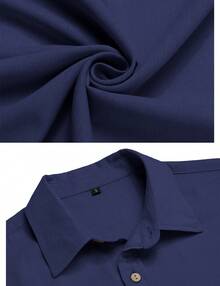 URRU Mens 2 Piece Linen Outfit Summer Beach Short Sleeve Button Down Shirt And Pants Set - 藏蓝色 - 查看 6