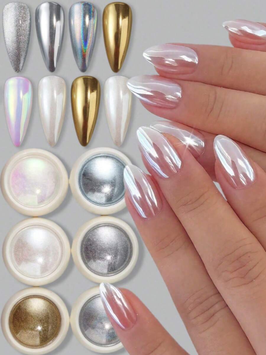 6 Colors Nail Powder, Rainbow White Pearl Powder, Holographic Unicorn Powder, Nail Glitter Powder, Metallic Mirror Effect, DIY Nail Art Gift, Suitable For Home Manicure & Salon - 彩色 - 查看 1