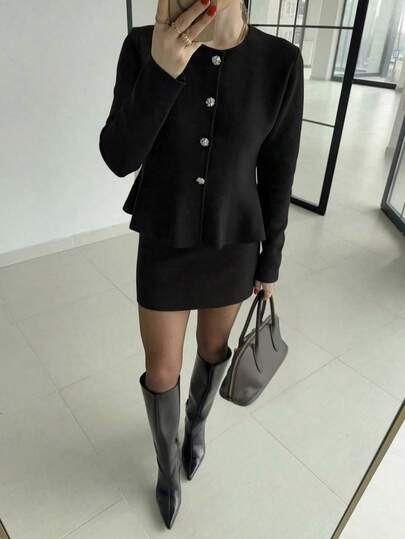 FOR BEAUTY Autumn And Winter New Round Neck Long-Sleeved Knitted Cardigan Short Skirt Two Pieces Suit Women's New Elegant Commuter Fashion Suit Christmas Simple Daily Versatile Casual Skirt Suit