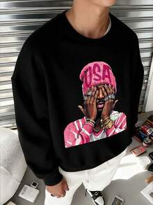Áo sweatshirt cổ tròn dáng rộng, in hình chân dung phong cách đường phố dành cho nam thiếu niên, màu trơn, thích hợp mặc hàng ngày, đi dự tiệc, đi học, lễ hội âm nhạc, kỳ nghỉ, đi làm và các dịp khác. Có thể dùng làm quà tặng cho gia đình, bạn trai, bạn gái và bạn bè. - màu đen - Xem 2