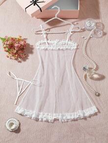 Women's White Nightgown, Cute Doll Dress, Bow Decor, Bridal Lace & Chiffon, Slit, Ruffle Hem, Sexy Summer Lingerie Set, Bridal, Bride Underwear, Sexy Chiffon Dress Set - White - View 2