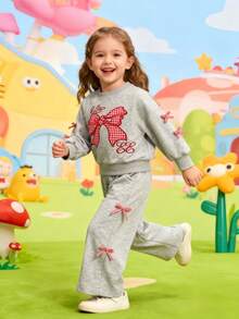 Girls Cute Casual Pullover Set, Girls Loose Fit Sweatshirt Two Pieces Outfit With Bow Decor, Spring/Autumn