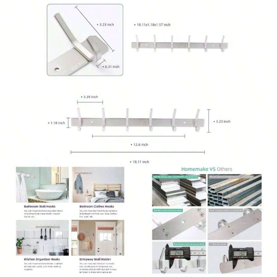Coat Rack Wall Mounted, Stainless Steel Silver Towel Racks With 4 Hooks Bathroom Kitchen Bedroom Door - 18.11" (6 Hooks) Silver - View 1