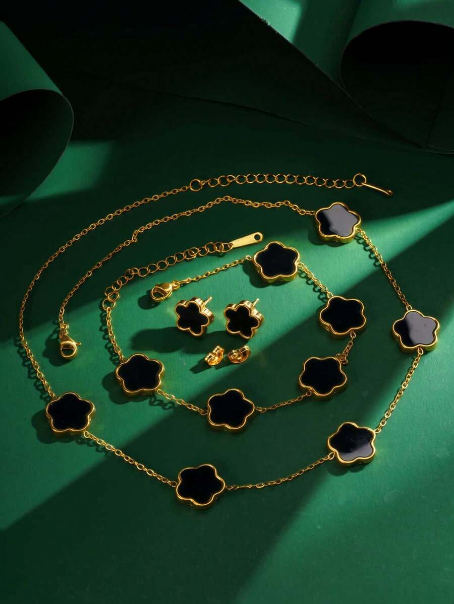 4件套时尚优雅五瓣花首饰套装 - 项链、耳环、手链，18K镀金不锈钢材质，男女皆宜，适合日常佩戴、婚礼、情人节礼物 - 金五葉草耳環項鍊手鍊套裝 - 查看 1