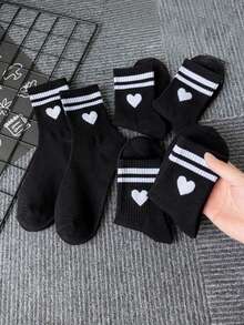 6 Pares de Meias Minimalistas Preto e Branco com Design de Alienígena, Adequadas para Esportes e Uso Diário, Todas as Estações